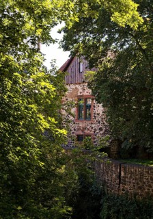 View through trees to the Schlosscafè, Höchster Schloss or Altes Schloss Höchst, Frankfurt-Höchst,