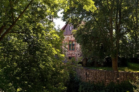 View through trees to the Schlosscafè, Höchster Schloss or Altes Schloss Höchst, Frankfurt-Höchst,