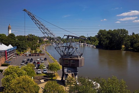 Listed coal crane of the former Höchst am Main power station, Frankfurt-Höchst, Frankfurt am Main,