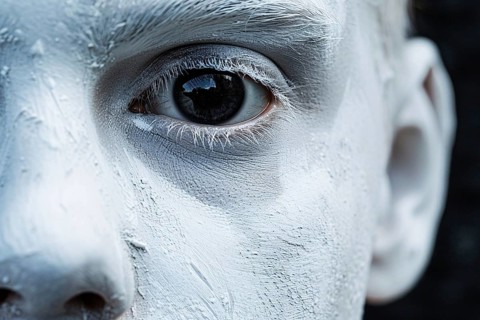 Close up of man's face with spooky pale white ghost Halloween costume face paint. Generative Ai, AI
