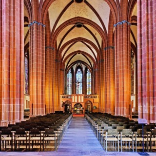 Protestant Church of Our Lady, interior view of the altar and rood screen, Gothic hall church,