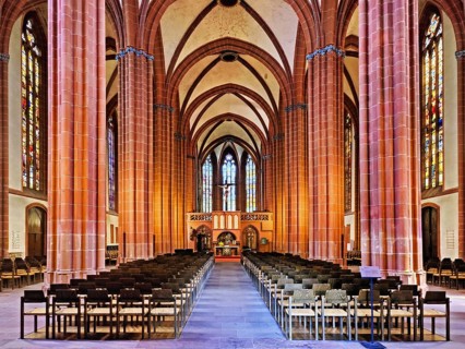 Protestant Church of Our Lady, interior view of the altar and rood screen, Gothic hall church,