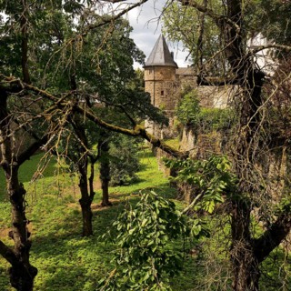 Friedberg Castle, southern castle fortifications with the deep moat, the so-called Hirschgraben,