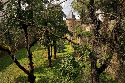 Friedberg Castle, southern castle fortifications with the deep moat, the so-called Hirschgraben,