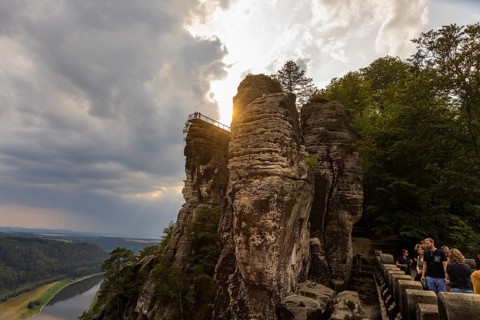 The Bastei is a rock formation with a viewing platform in Saxon Switzerland on the right bank of