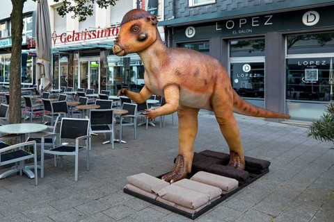 Pachycephalosaurus model, thick-skulled dinosaur in the Fussgaengerzone, Dino City III, Bochum,