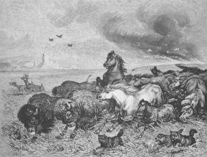 Wild horses and bison flee in panic from a prairie fire, Montana, 1895, USA, Historical, digitally