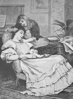 Girl trying to apply eyebrow make-up to her mother, who patiently holds off, 1890, Germany,