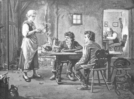 In a farmhouse, the farmer's wife serves a bowl of soup to two travellers, Hospitality, c. 1890,