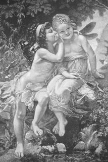 Idyllic symbol of spring with two elves, Historic, digitally restored reproduction from a 19th