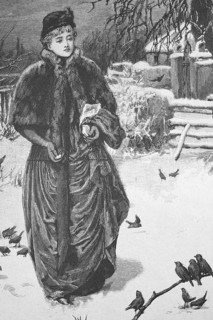 Woman feeding the wild birds in the park in winter, 1895, Germany, Historic, digitally restored