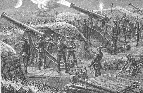 On the artillery firing range, night firing with 15-cm cannons, twenty-four-pounder, from a siege