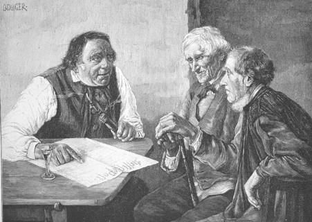Politicians, three men discussing a decree at the regulars' table, 1890, Germany, Historical,