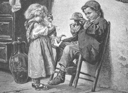 The Temptation of the Cat, Girl showing a cat a mouse in a mousetrap held by a boy, Scene around