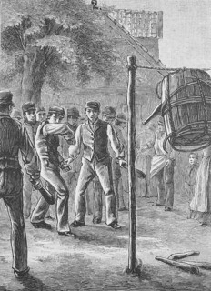 Folk games in Holstein in the 19th century. Throwing the pigeons out of the barrel, Germany,