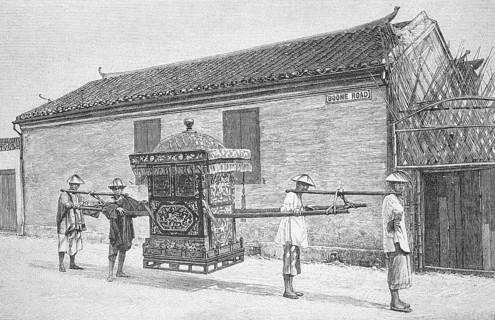 Bridal sedan chair from China, around 1880, Historic, digitally restored reproduction from a 19th