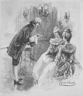 Cavalier and two noble ladies under the light of candles at a ball, Historical, digitally restored