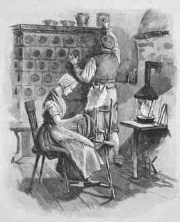 Light through a pinewood lamp in a farmhouse in the spinning room around 1800, Historical,