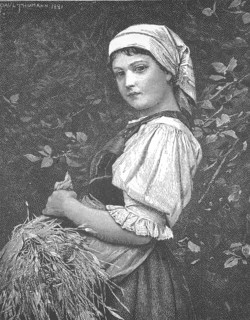 Farmer's wife picking ears of corn, Harvest, Grain, Historical, digitally restored reproduction