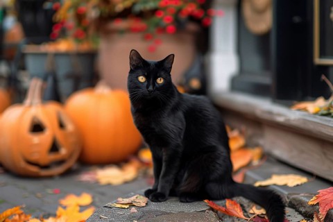 Cute black cat sitting in front of carved Halloween pumpkins, Generative Ai, AI generated