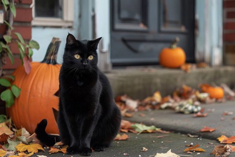 Black cat sitting in street with carved pumpkins in background. Generative Ai, AI generated