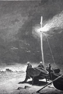 Fishermen wait in the evening for the last boat to return, Men at night illuminate boats in a