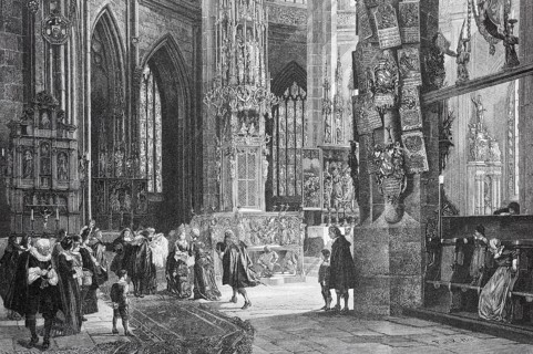 The sacrament house in the Lorenzkirche in Nuremberg, Germany, Historical, digitally restored