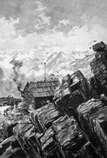 A morning in front of the Breslauer Hütte in the Ötztal Alps, Historical, digitally restored
