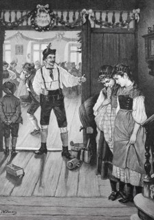 People celebrate and dance in a festive dance hall, adorned with traditional decorations, two girls