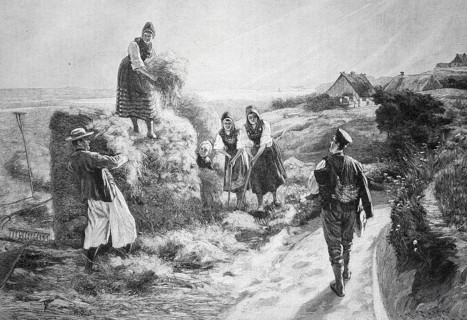 Agriculture, hay harvest, woman collecting hay while a man walks towards them on a path, here in
