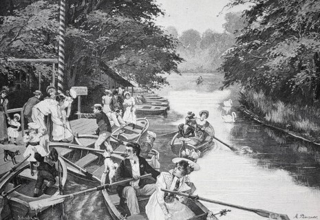People in boats enjoying a fun time on a river, surrounded by trees, at the New Lake in Berlin