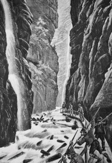 Wooden raftsmen navigate through a narrow, rocky gorge with waterfalls, Wooden drifts in the
