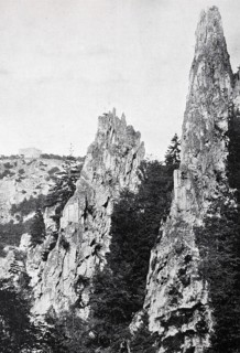 Steep and high rocks protrude from a wooded area, the Hexentanzplatz in the Harz Mountains,