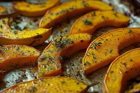 Freshly baked pumpkin wedges with seasoning. Generative Ai, AI generated