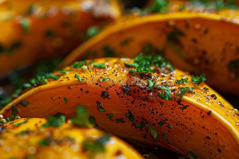 Close up of baked pumpkin wedges. Generative Ai, AI generated
