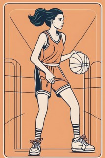 Female basketball player in retro design line art style illustration, AI generated