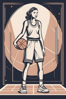 Female basketball player in retro design line art style illustration, AI generated