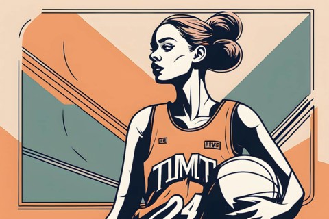 Female basketball player in retro design line art style illustration, AI generated