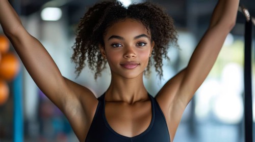 A confident woman in a fitness setting, wearing a black tank top with natural light highlighting