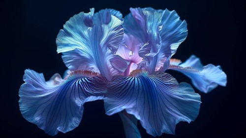Blue iris flower with an ethereal glow, detailed petals covered in water droplets, AI generated