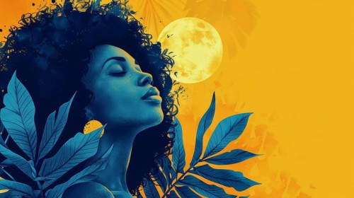 A blue-skinned woman with leaves and a full moon against a yellow background, AI generated