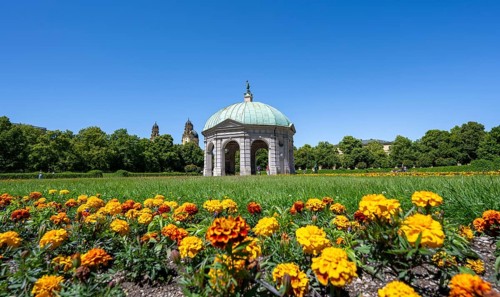 Diana Temple in the Hofgarten with yellow flowers and Theatine Church, Old Town, Munich, Upper