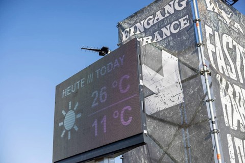 A temperature display shows 26Â°C at the entrance area of the Wacken Open Air in Wacken. The