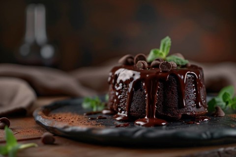Small Chocolate lava cake with mint leaves on dark background. Generative AI, AI generated