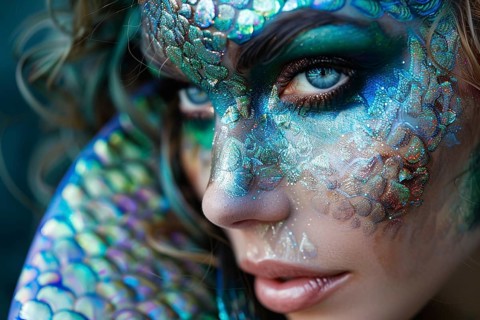 Woman's beautiful mermaid Halloween costume makeup with fish scales. Generative AI, AI generated