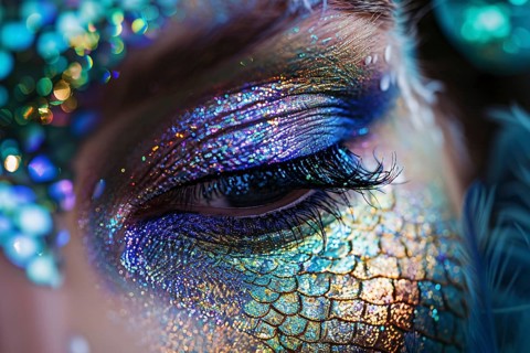 Woman's beautiful mermaid Halloween costume eye makeup. Generative AI, AI generated