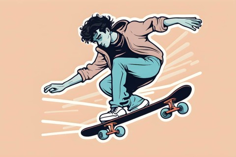 Male skateboarder in a retro design minimalist line art illustration, AI generated