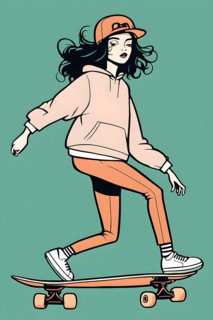 Female skateboarder in a retro design minimalist line art illustration, AI generated