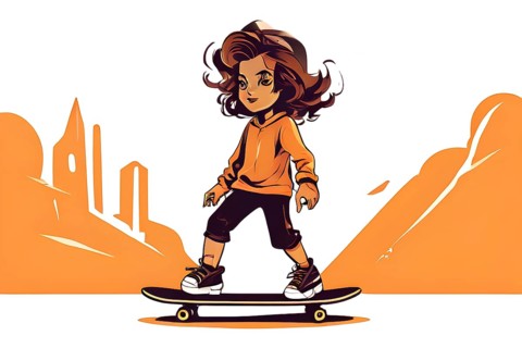 Female skateboarder in a retro design minimalist line art illustration, AI generated