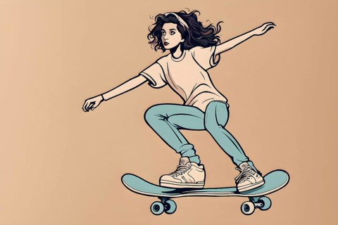 Female skateboarder in a retro design minimalist line art illustration, AI generated